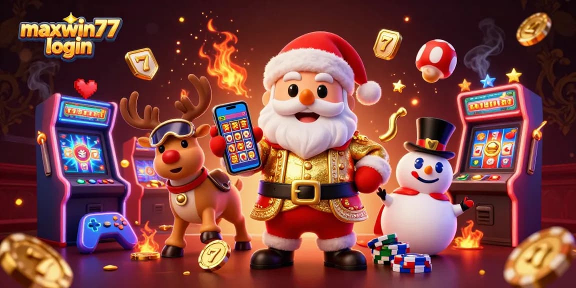 Enjoy gambling excitement with maxwin77 login in a vibrant casino scene featuring festive characters.