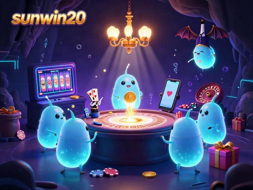 Experience excitement with sunwin20 as glowworms illuminate a lively casino cave scene featuring a bat dealer amidst vibrant slot games.