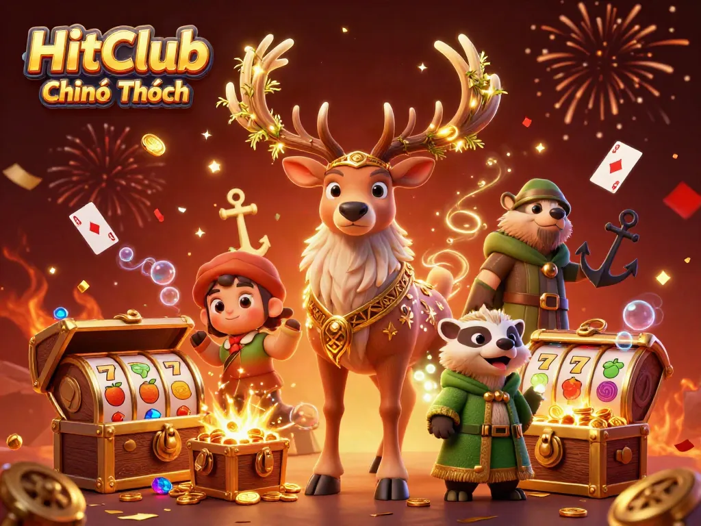 Experience thrill with HitClub Chính Thức as a druid stag and badger celebrate winning treasures in this casino-themed illustration.