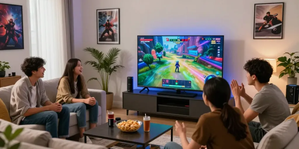 Friends enjoying a gaming session with vibrant graphics on TV at https://manclub1.jp.net/ in a stylish living room.