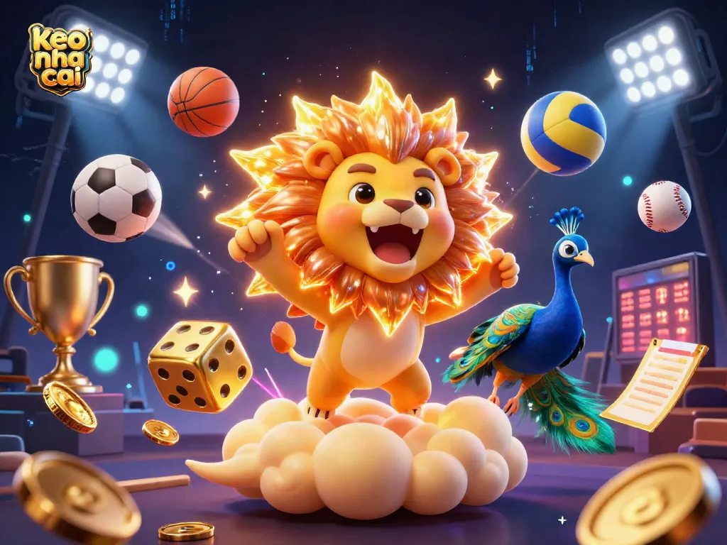 Engage in thrilling sports betting with keo nha cai, featuring a vibrant 3D illustration of a lion and golden dice.