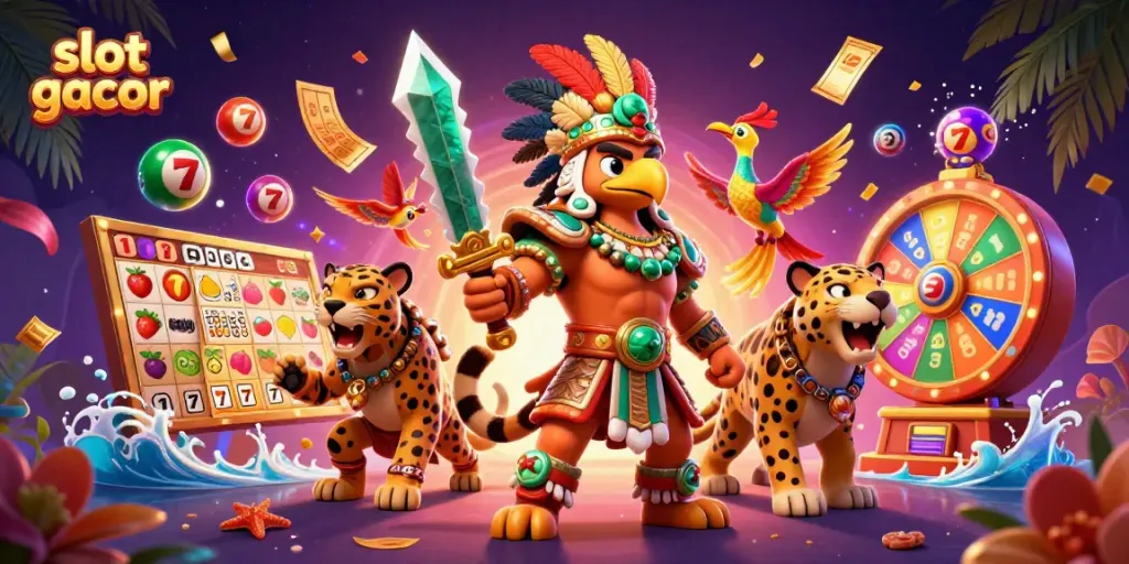 Experience the excitement of slot gacor with vibrant characters and dynamic game elements in this 3D illustration.