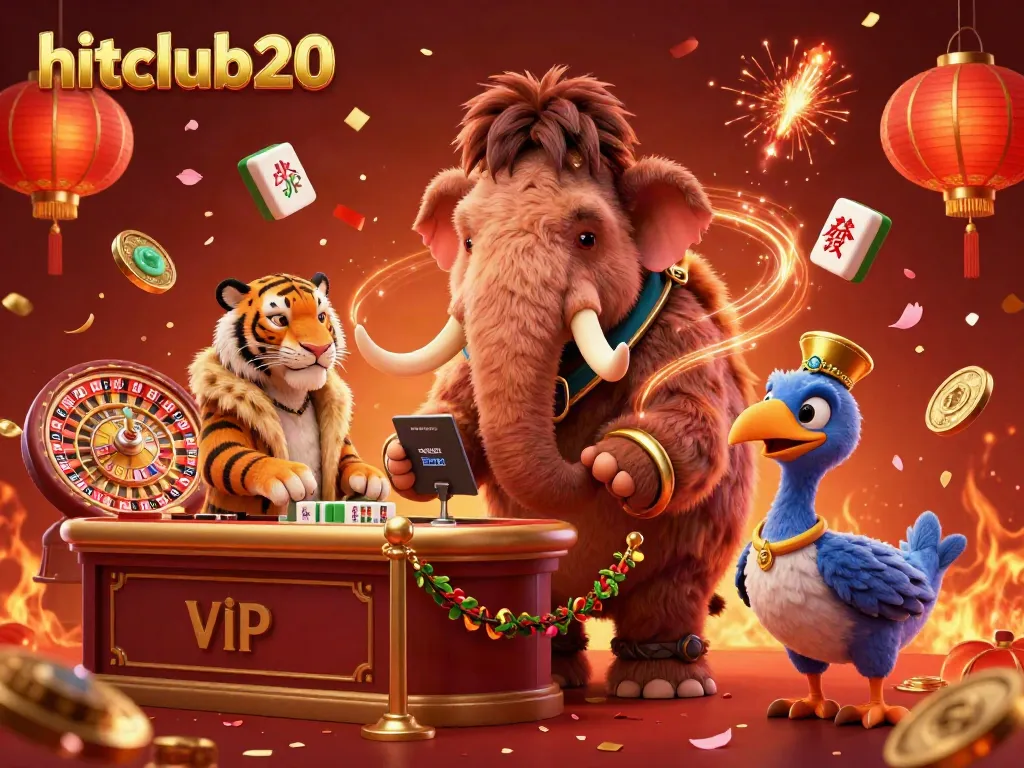 Experience the vibrant world of hitclub20 with a cartoon casino bouncer, saber-tooth tiger VIP, and dodo bird doorman amid dynamic gaming elements.