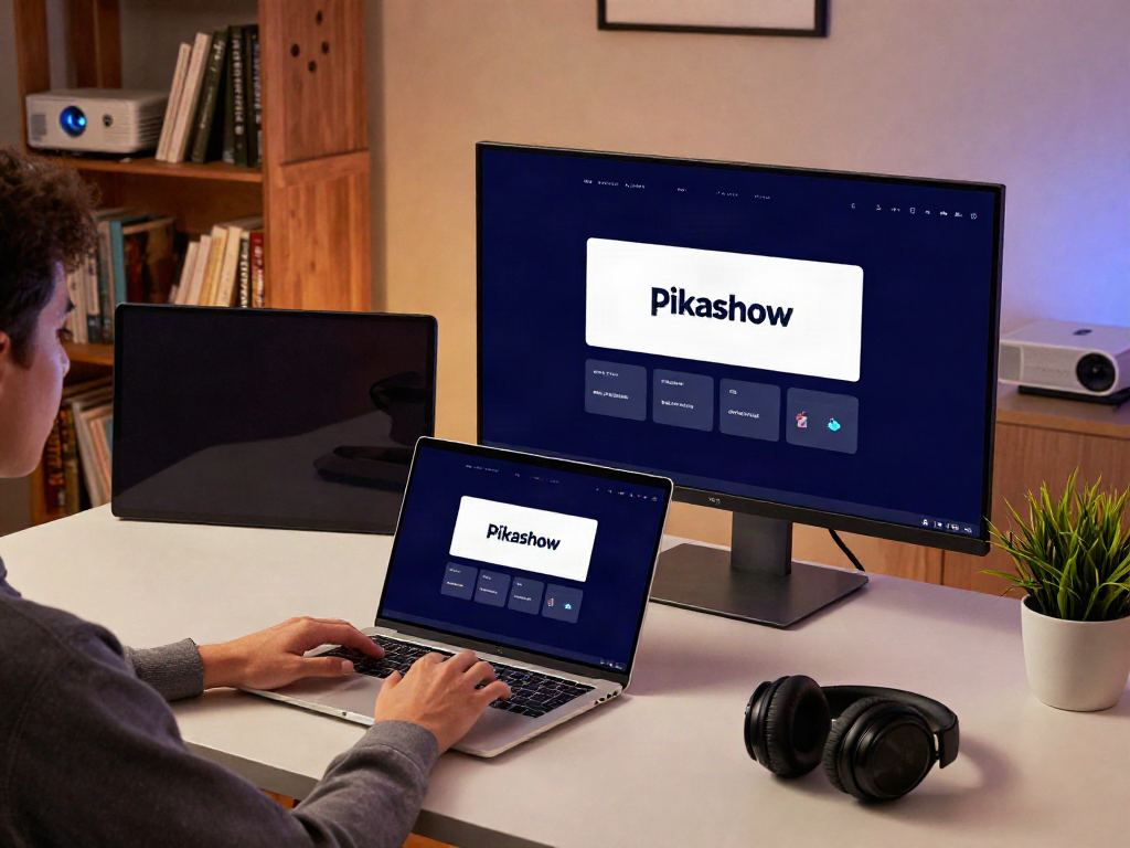 Pika show pc version interface displayed on a laptop in a modern home office setup.