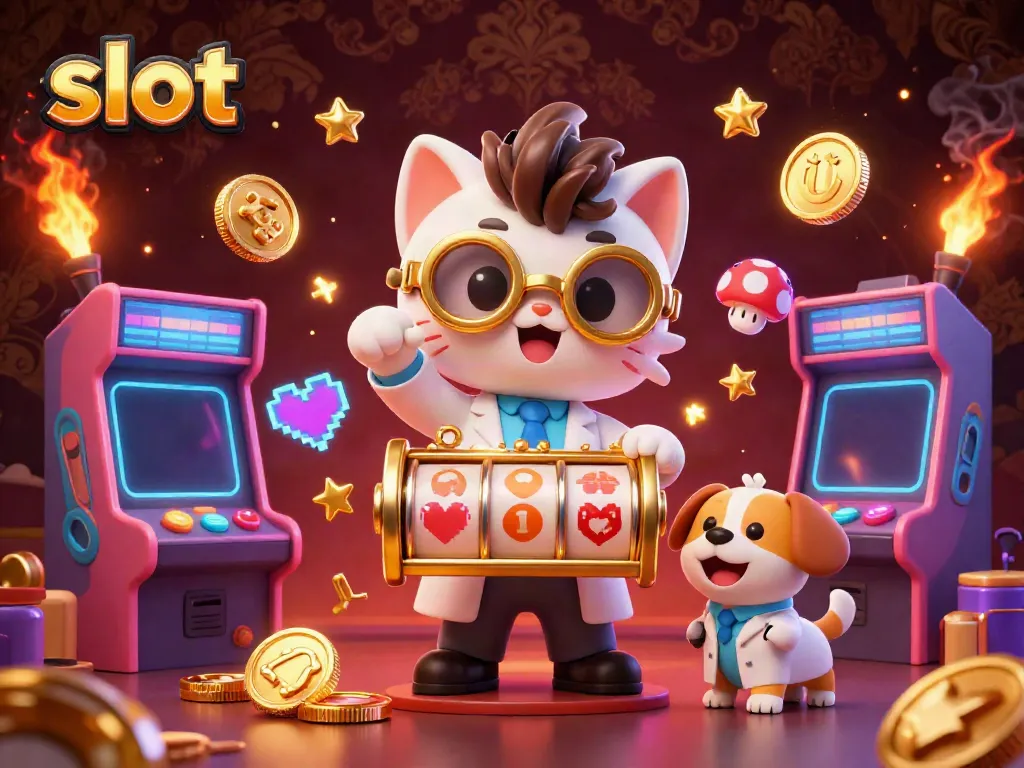 Spin the slots in a lively scene featuring a mad scientist cat and assistant dog amidst glowing slot machine elements.