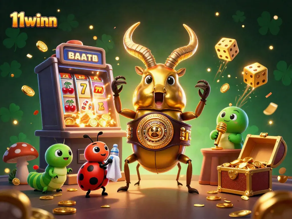 Engage with 11winn's exciting casino experience illustrated by a golden stag beetle boxing champion amidst vibrant slot machine elements.