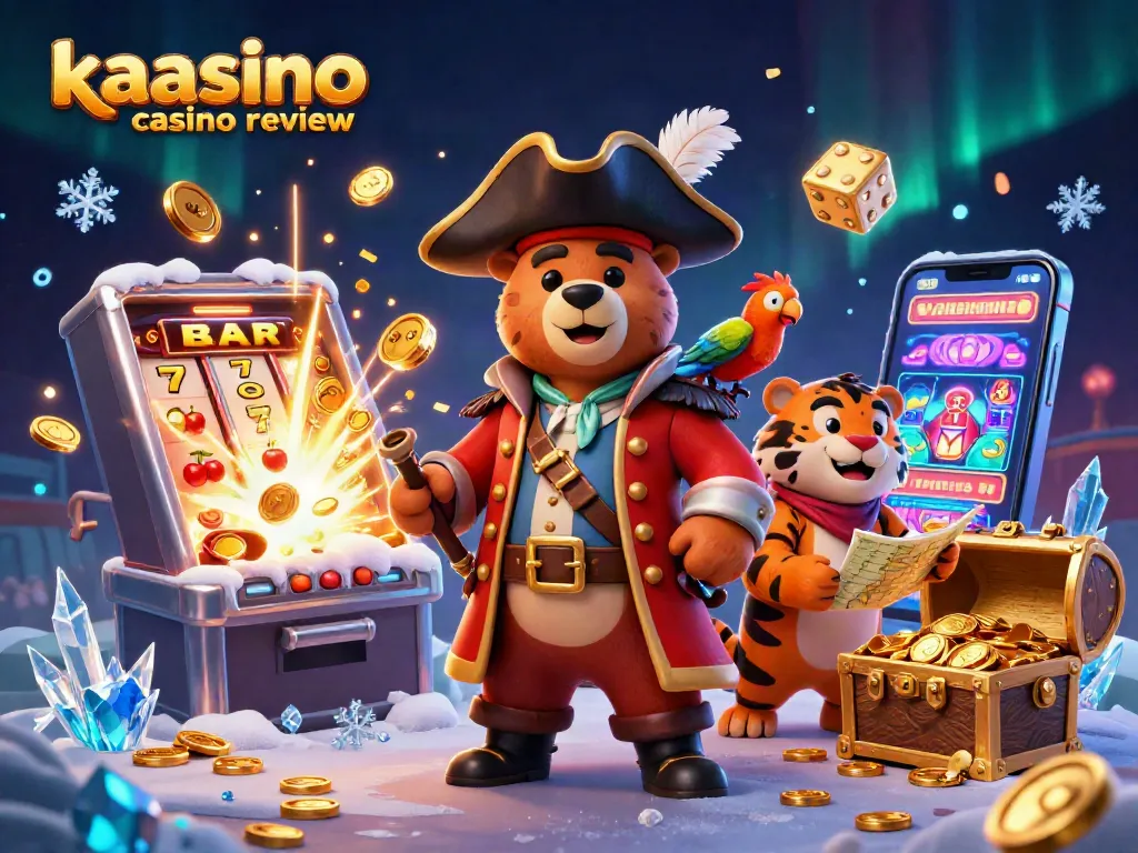 Kaasino casino review showcasing an exciting scene with a pirate captain bear, a fierce tiger, and gold-filled elements in a vibrant casino atmosphere.