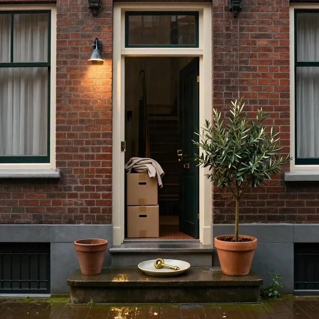 Open Dutch voordeur met verhuisdozen, sleutel in schaal en olijfplant in nat ochtendlicht.