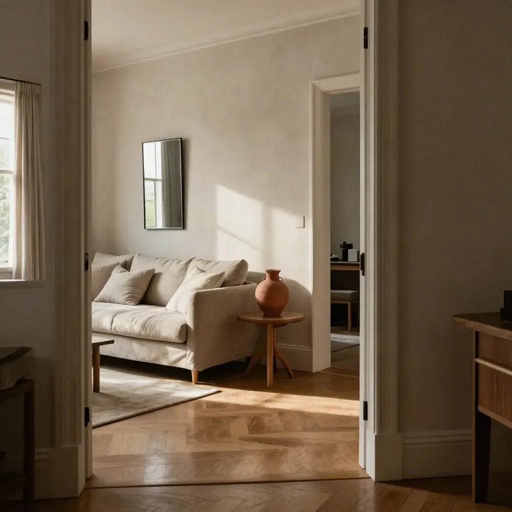 Rustige rijtjeshuiskamer met sofa, spiegel, terracotta vaas en glanzende vloer in verkoopstijl.