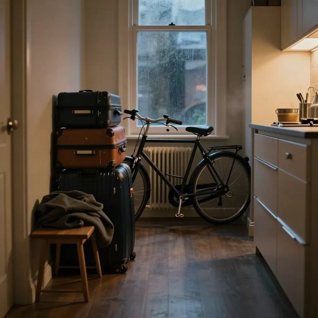 Donkere Amsterdamse studio met koffers, fiets en jas in een krappe gang.