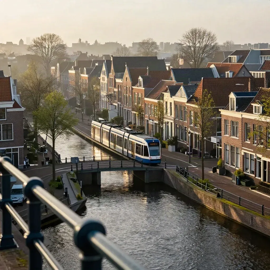 Hoge blik over een wijk met gracht, tramrails, daken en ochtendmist.