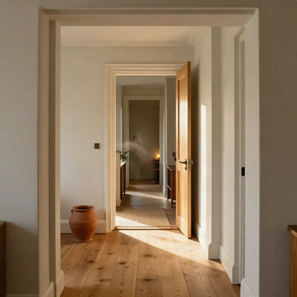 Lage doorkijk in een lichte woninggang met open deuren, terracotta accent en warm daglicht.