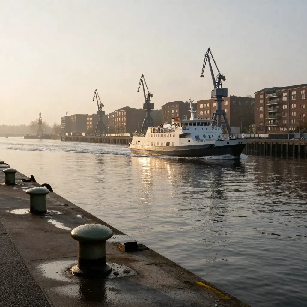 Ferry trekt bij zonsopkomst een helder spoor door het water langs Amsterdam-Noord in zachte mist.