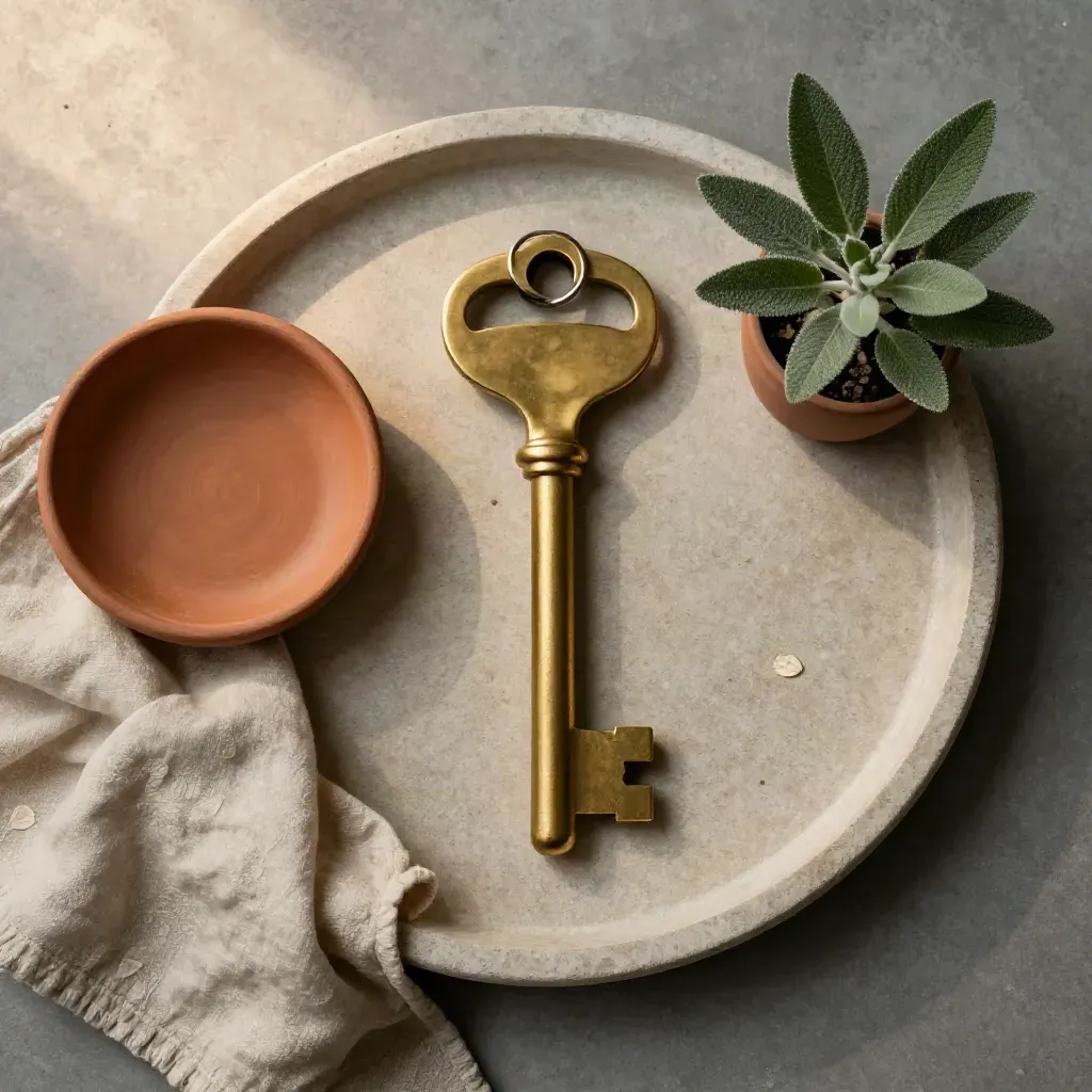 Brassensleutel op stenen schaal met terracotta bakje, linnen doek en klein plantje