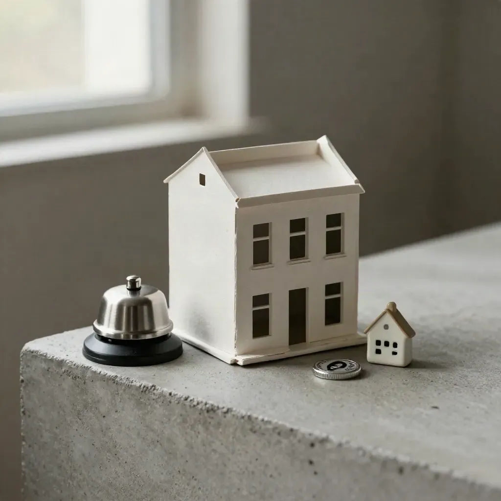 Miniatuur wijkmodel met fietsbel, OV-token en huischarm op lichte betonplaat.