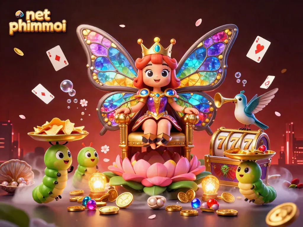 Engage with net phimmoi's vibrant online casino scene featuring a cartoon butterfly queen overseeing exciting slot games.