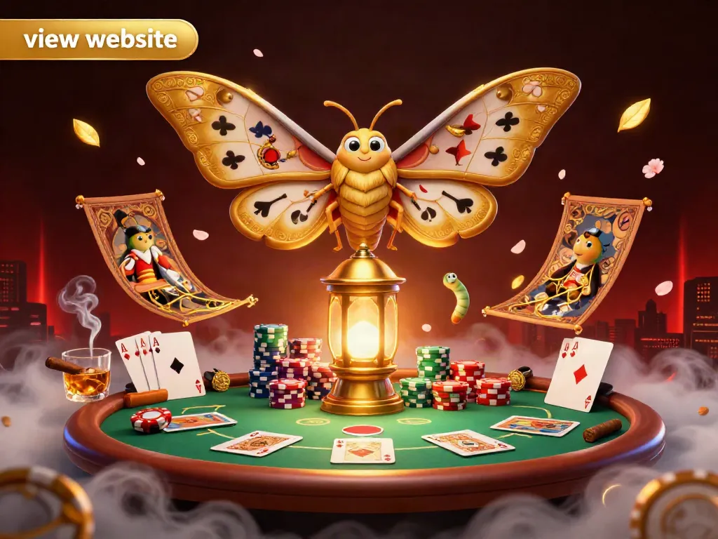 Experience the thrill as you view website with a vibrant casino scene featuring card games and a majestic moth.