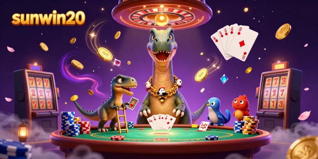 Experience the vibrant action of sunwin20 casino with a giant brontosaurus overseeing a dynamic poker scene.