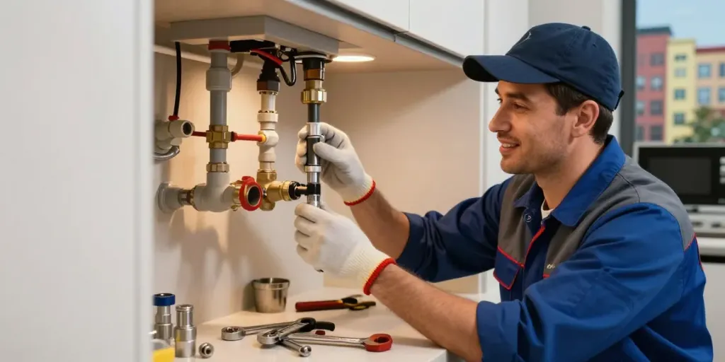 Loodgieter Brussel aan het werk in moderne keuken met gereedschap en leidingen.
