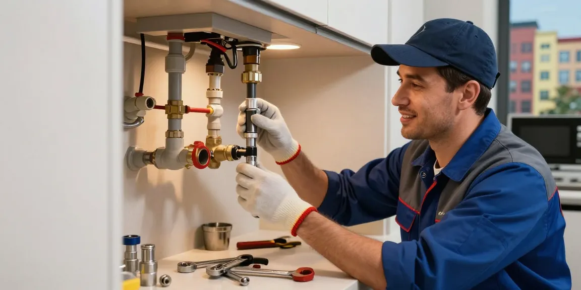 Loodgieter Brussel aan het werk in moderne keuken met gereedschap en leidingen.