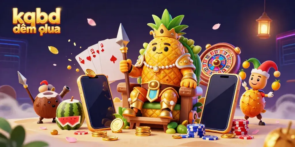 Experience the stunning kqbd đêm qua scene with a golden pineapple king in a vibrant beach casino.