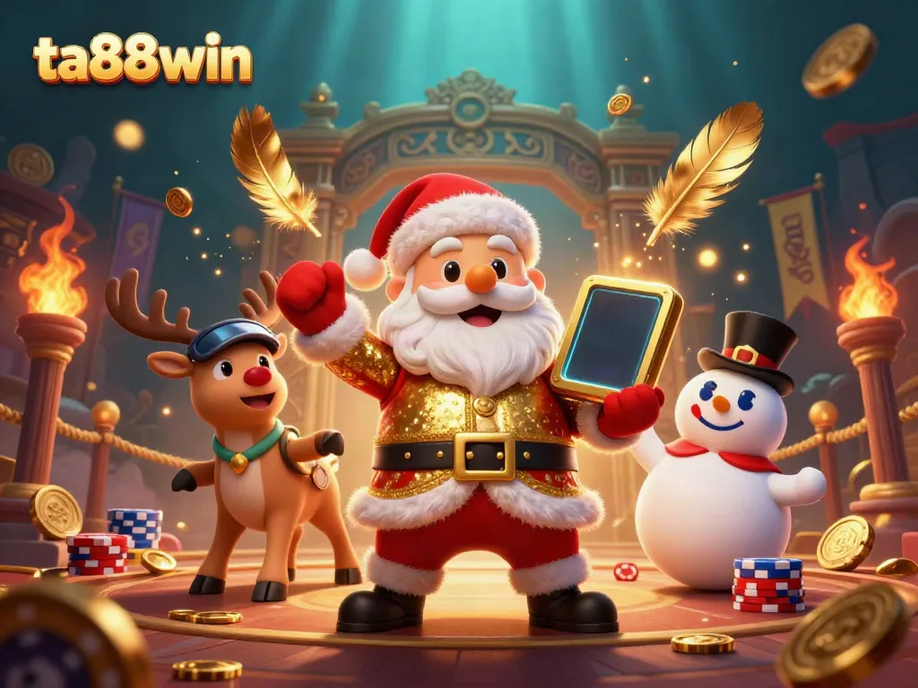Experience the excitement of ta88win with a vibrant scene featuring Santa Claus, reindeer dealer, and poker chip snowman.