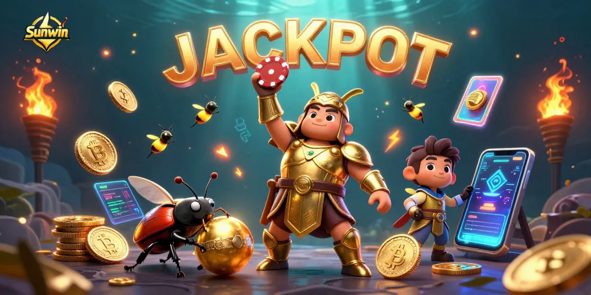 Experience the thrill of Sunwin with vibrant casino elements and cartoon characters celebrating a jackpot.