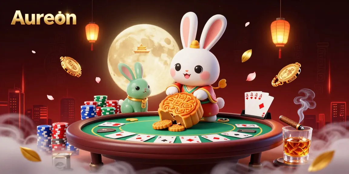 Aureon casino illustration showcasing a moon rabbit with poker chips, vibrant gaming elements, and a mystical atmosphere.