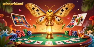 Engage with the vibrant casino atmosphere at winnerisland featuring a golden-winged moth amidst dynamic poker and slot elements.
